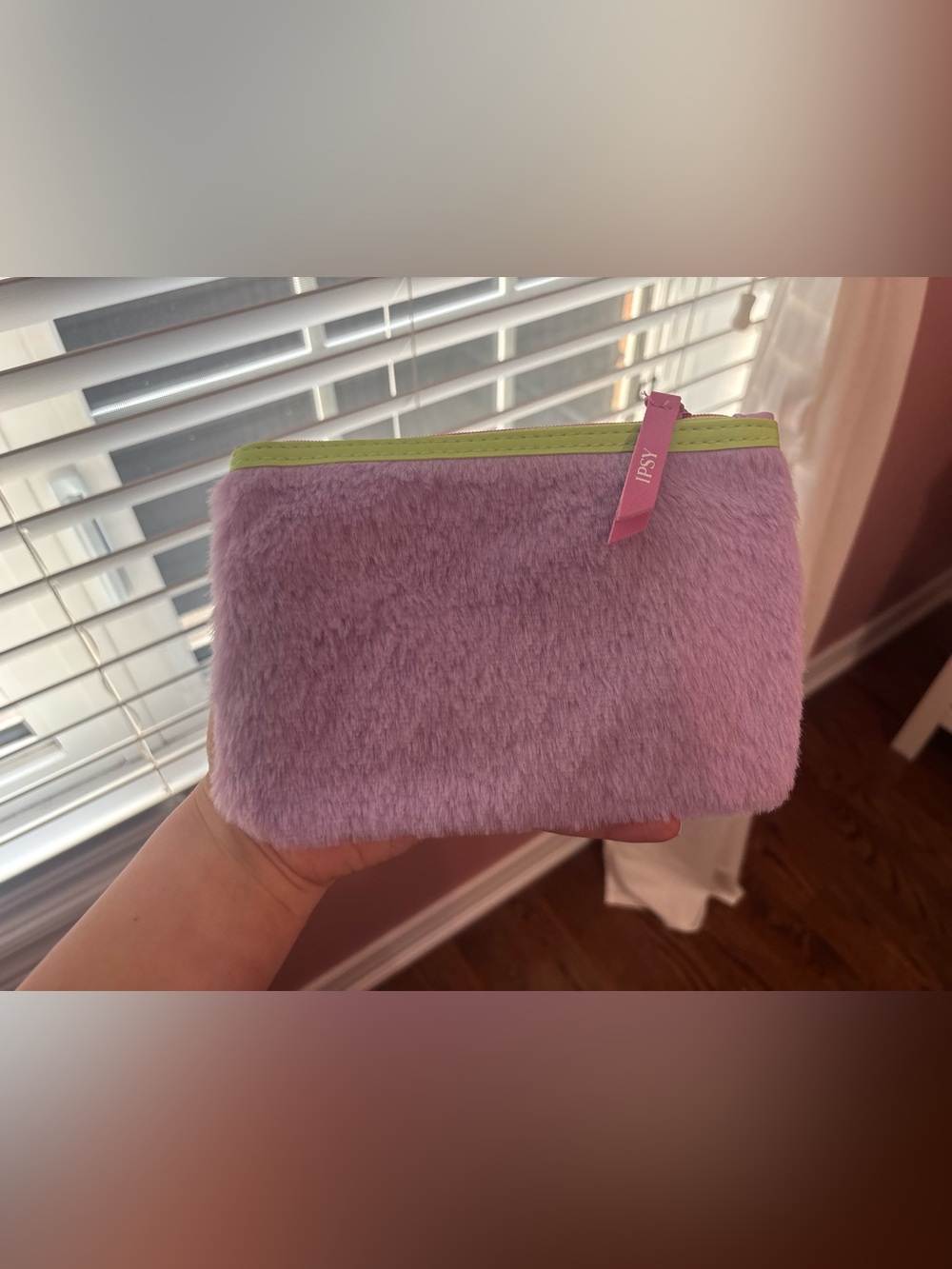 ipsy Lilac Faux Fur Cosmetic Pouch with Lime Trim and Pink Zip Tag